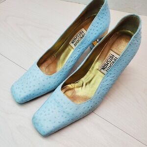 Timothy Hitsman Sky Blue Ostrich Embossed Square Toe Block Heel Pumps Size 8M